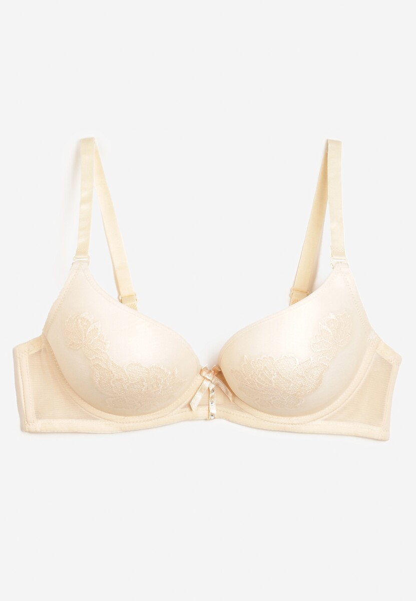 Beżowy Biustonosz Push Up Ozdobiony Kwiatowym Wzorem i Kokardką Amaril