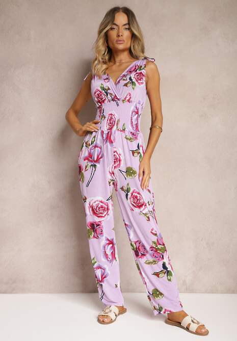 Fioletowy Kombinezon o Taliowanym Kroju Bez Rękawów w Kwiaty Senivia
