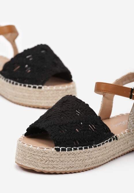 Czarne Sandały Plecione w Stylu Espadryli na Platformie z Juty Garita