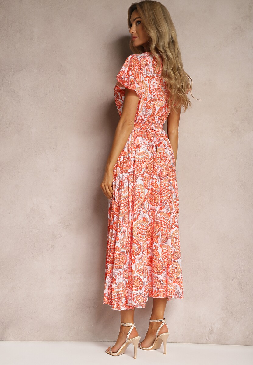 Pomarańczowa Rozkloszowana Sukienka z Trójkątnym Dekoltem z Materiałowym Paskiem i Gumką w Talii Carimi