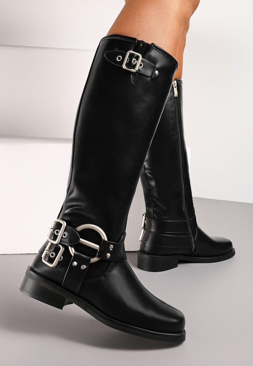 Czarne Kozaki Biker z Kwadratowym Noskiem i Ozdobną Klamerką Verveli