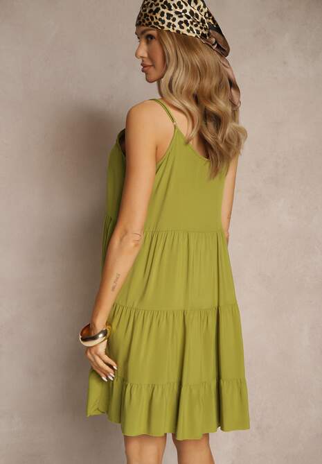 Zielona Bawełniana Sukienka na Ramiączkach Ozdobiona Falbanami Lilitte
