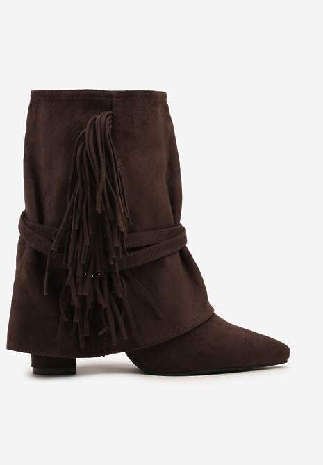 Ciemnobrązowe Botki Boho z Cholewką Imitującą Nogawkę i Frędzlami Zaslie