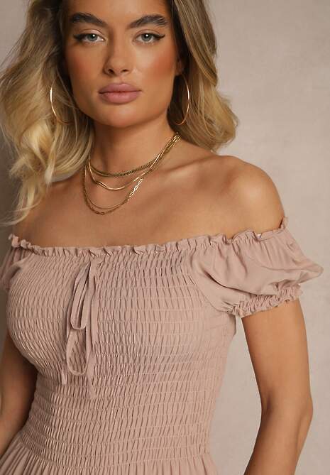 Beżowa Sukienka z Wiskozy w Stylu Hiszpanki Ozdobiona Marszczeniem Jenalena