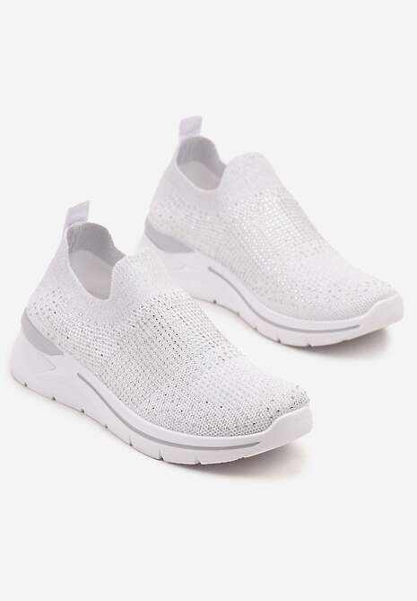 Białe Buty Sportowe z Cholewką przed Kostkę z Miękkiego Materiału Ozdobione Cyrkoniami Telianisa