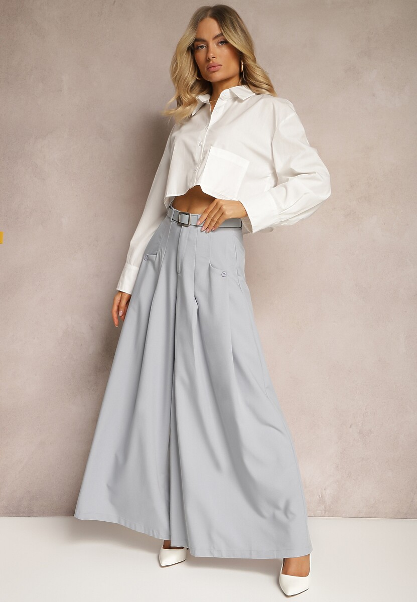 Szare Spodnie Typu Kuloty z Paskiem z Imitacji Skóry z Klamrą i Ozdobnymi Zakładkami Drisanda