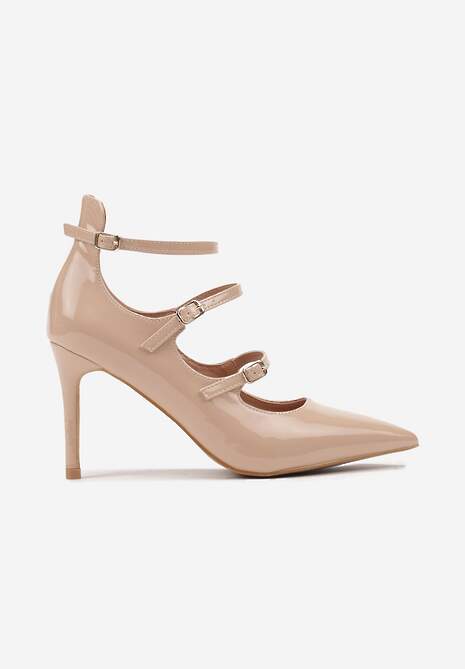 Beżowe Szpilki Lakierowane Ozdobione Paskami ze Sprzączkami Armiela