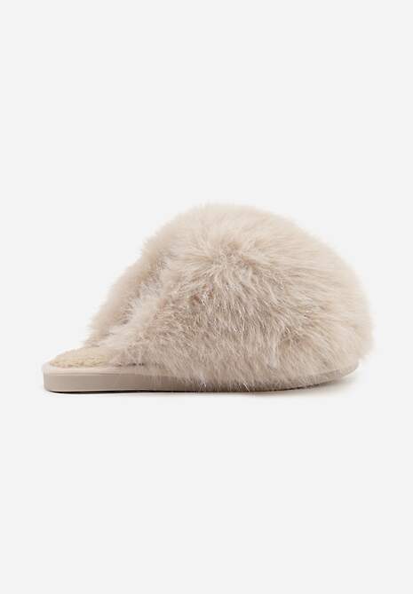 Ciemnobeżowe Miękkie Kapcie Ozdobione Długim Włosiem Cendria