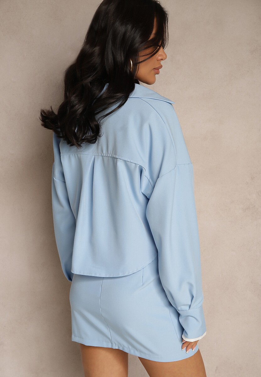 Niebieski Komplet Spódnica i Koszula Ozdobione Imitacją Kieszeni Grelsedi