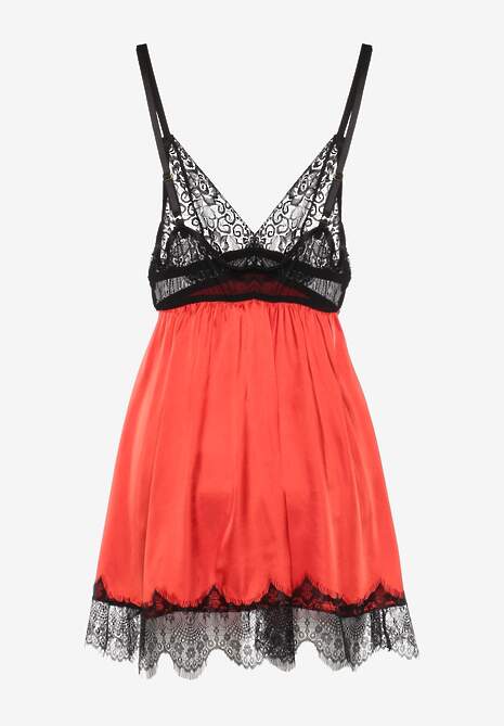 Czarno-Czerwona Koszula Nocna na Ramiączkach z Wstawkami z Koronki Amarylia