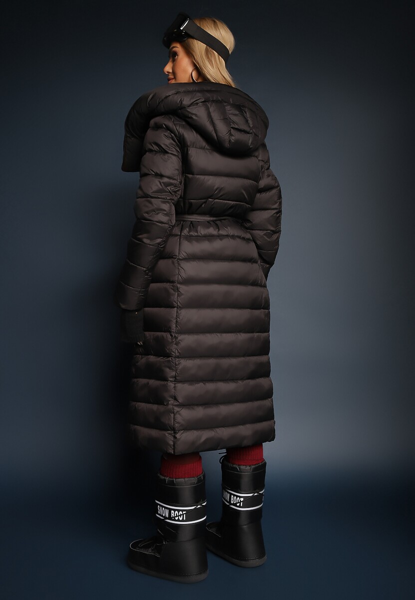 Czarna Kurtka Płaszcz z Szerokim Kołnierzem i Kapturem Wiązana w Pasie Lilave