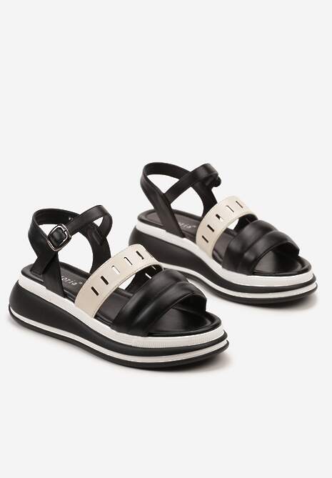 Czarno-Beżowe Płaskie Sandały z Ekoskóry na Grubej Podeszwie z Zapięciem na Sprzączkę Vloelie