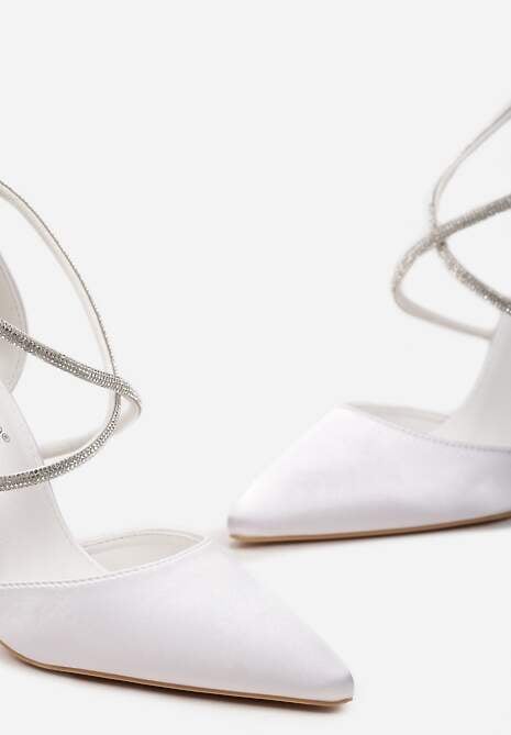 Białe Satynowe Szpilki Ozdobione Cyrkoniami na Cienkich Paskach Wynstelle