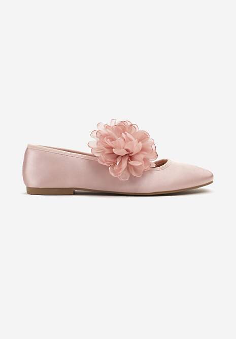 Różowe Balerinki Ozdobione Kwadratowym Noskiem i Kwiatową Aplikacją 3D Salianes