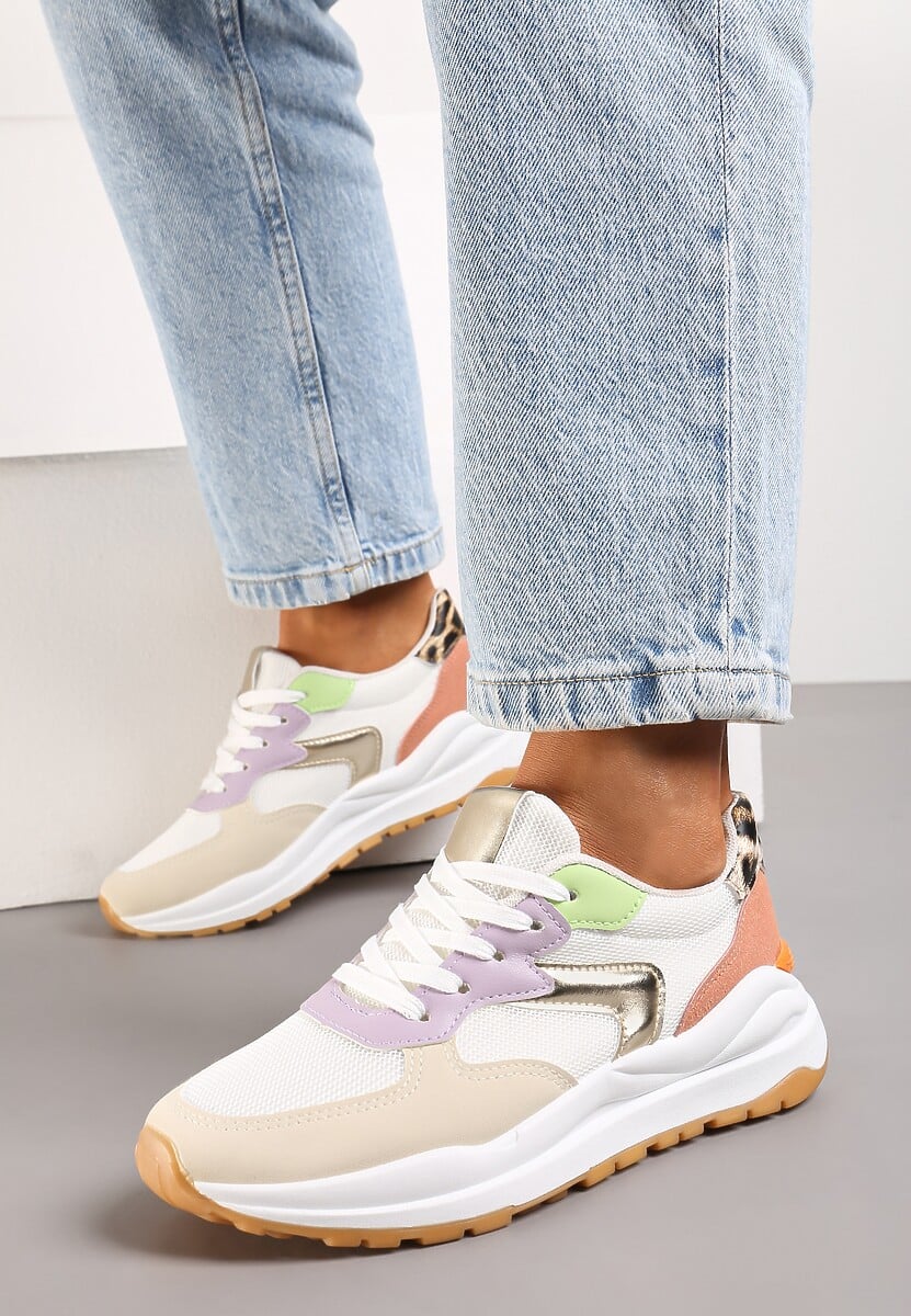 Biało-Srebrne Sneakersy na Płaskiej Podeszwie ze Sznurowaniem i Materiałowymi Wstawkami Haretta