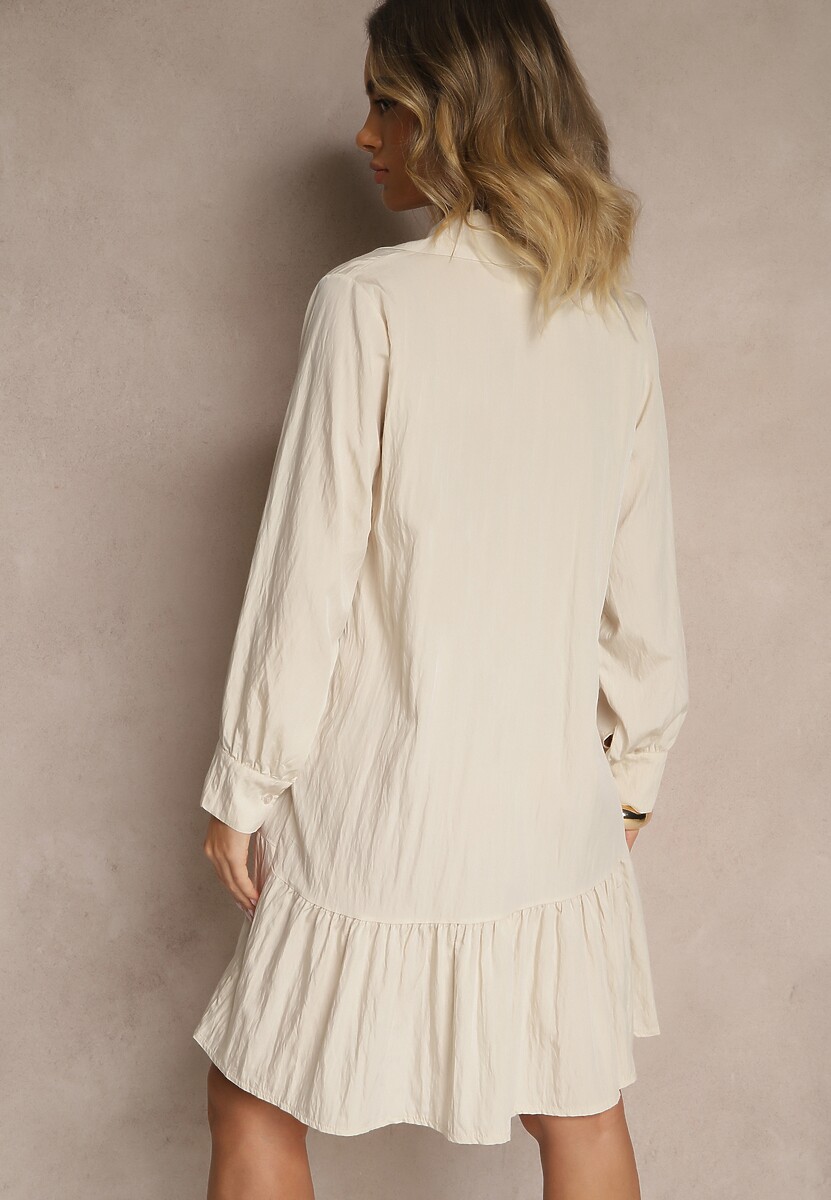 Jasnobeżowa Koszulowa Sukienka z Wiskozą Zakończona Falbanką Tirzedi