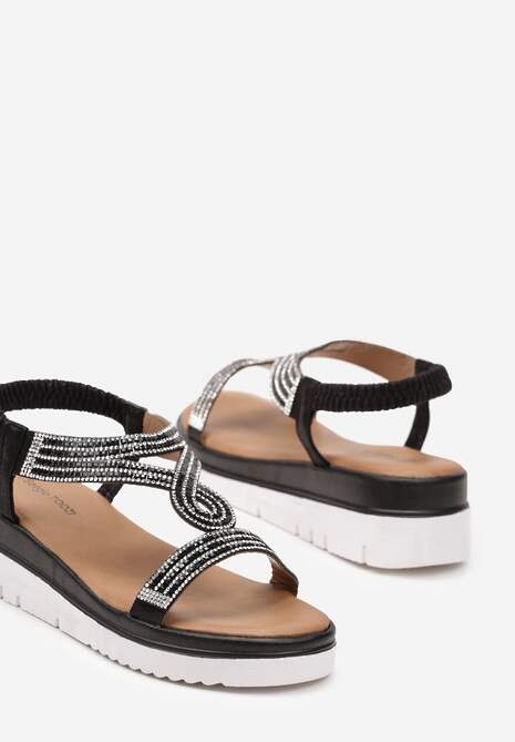 Czarne Sandały z Imitacji Skóry na Platformie z Cyrkoniami Tinbia