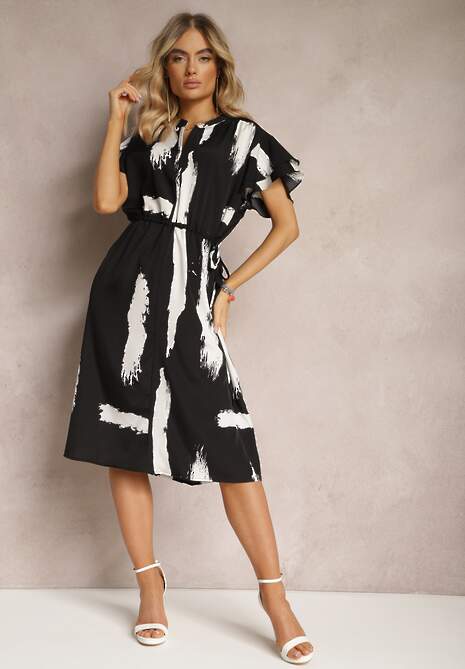 Czarno-Biała Pudełkowa Sukienka z Ozdobnym Wzorem i Sznurkiem w Talii Sidna