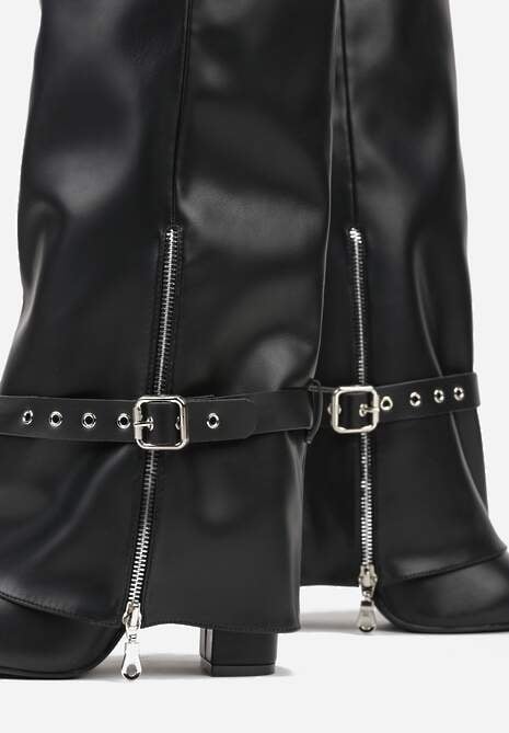 Czarne Kozaki na Obcasie z Wywiniętą Cholewką z Suwakiem i Sprzączką Fennoria