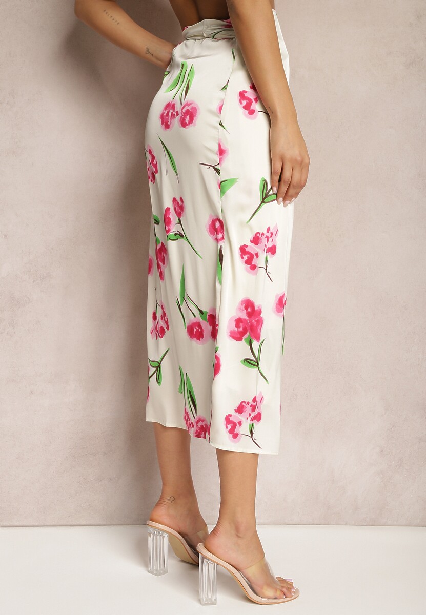Beżowo-Różowa Kopertowa Spódnica Wiązana w Pasie w Kwiecisty Print z Satyny Ailepatia