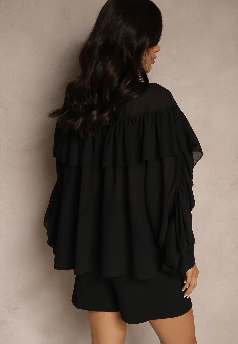 Czarna Bluzka z Wiskozy z Transparentną Wstawką Falbanami i Wiązaniem Fillenea