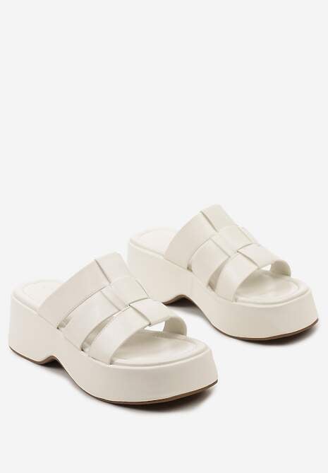 Białe Płaskie Klapki z Ekoskóry na Grubej Podeszwie Menase