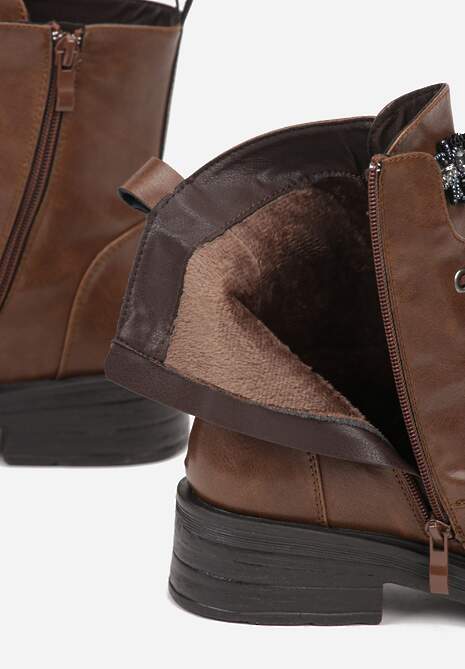 Brązowe Botki Workery ze Skóry Naturalnej z Aplikacją-Pszczołą z Cyrkonii Tevalra