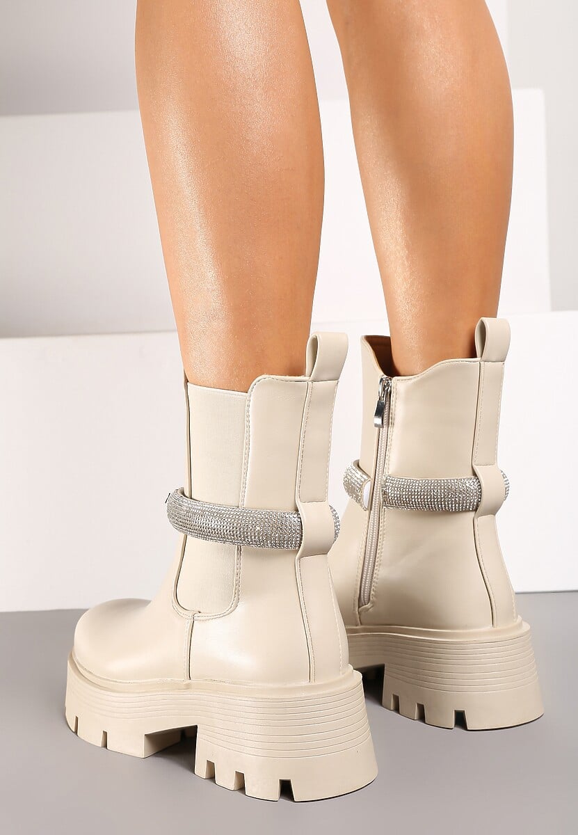 Beżowe Botki Sztyblety na Platformie Ozdobione Paskiem z Cyrkonii Zinlera