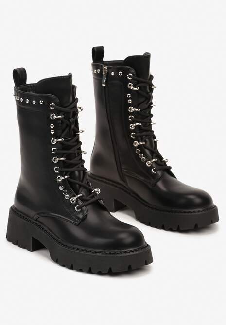 Czarne Botki Workery z Ozdobnymi Nitami na Grubej Podeszwie Miataria