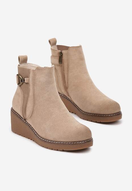 Beżowe Botki Sztyblety na Koturnie Ozdobione Metaliczną Aplikacją Savianae
