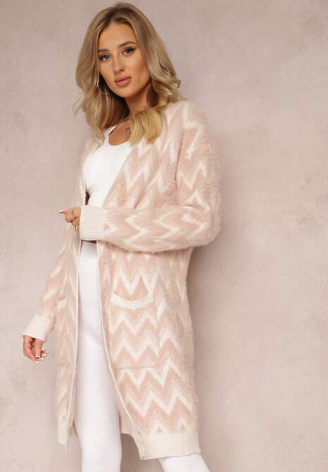 Różowy Niezapinany Kardigan o Przedłużonym Fasonie w Zygzaki Chevron Oherna