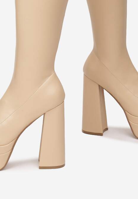 Beżowe Kozaki na Platformie i Słupku Kimia