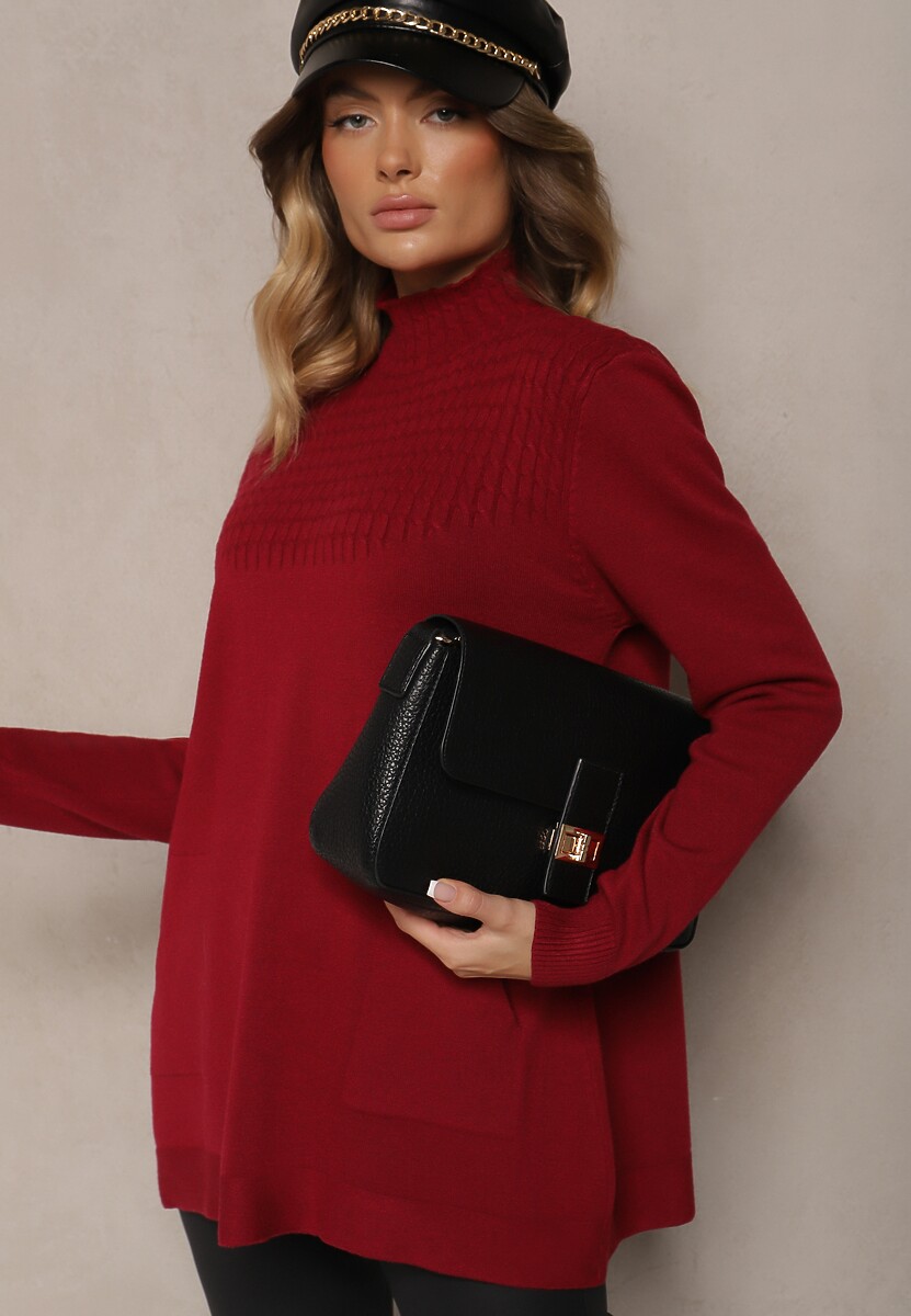 Bordowy Sweter Półgolf z Bawełną i Kieszenią z Przodu Emittes