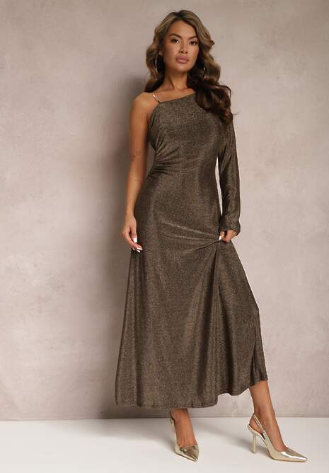 Złota Asymetryczna Sukienka Maxi na Jedno Ramię z Ozdobnym Łańcuszkiem Ombrelle