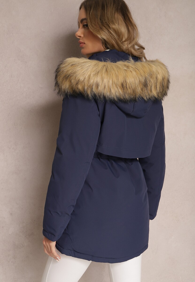 Granatowa Kurtka Parka z Kapturem z Futerkiem Bimi