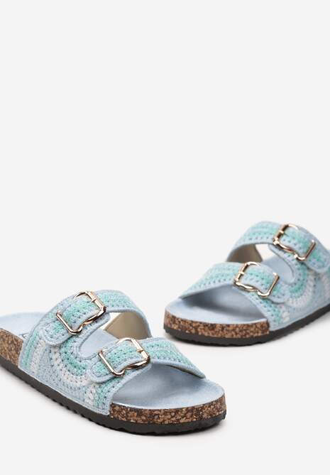 Niebieskie Klapki Ozdobione Wzorem na Szydełku z Korkową Grubą Podeszwą i Klamrami Kanthe