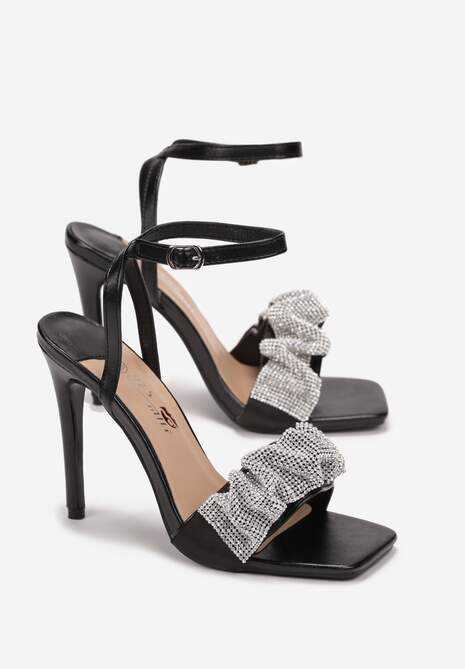 Czarne Sandały na Wysokiej Szpilce z Kwadratowym Noskiem i Cyrkoniami Veisra