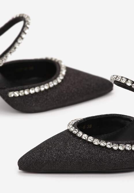 Czarne Brokatowe Klapki na Klepsydrze z Ozdobnymi Paskami z Cyrkoniami Jesssoft