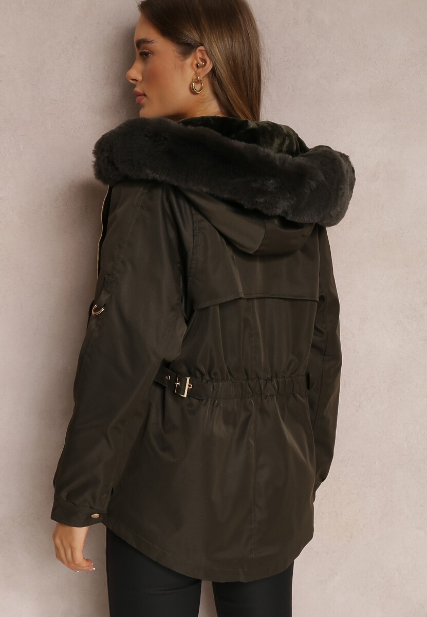 Ciemnozielona Kurtka Nylonowa Parka z Odpinanym Futerkiem Pasca