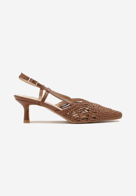 Brązowe Plecione Sandały na Obcasie Kaczuszka Slingback Felorna
