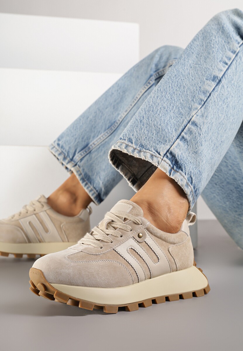 Beżowe Sneakersy ze Skóry Naturalnej Ozdobione Geometrycznym Wzorem Melassea