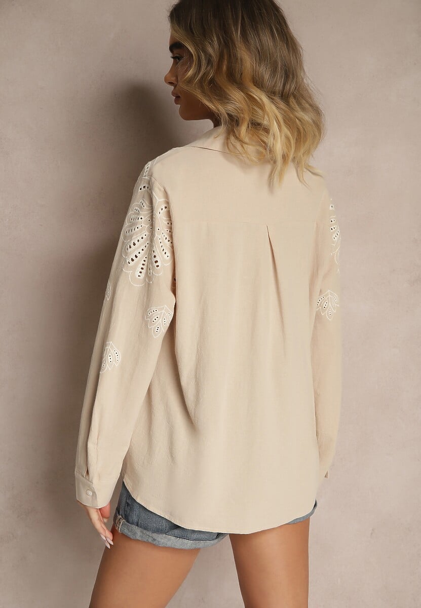 Beżowa Koszula z Bawełny Zdobiona Haftem z Ażurowymi Wycięciami Nevorelle