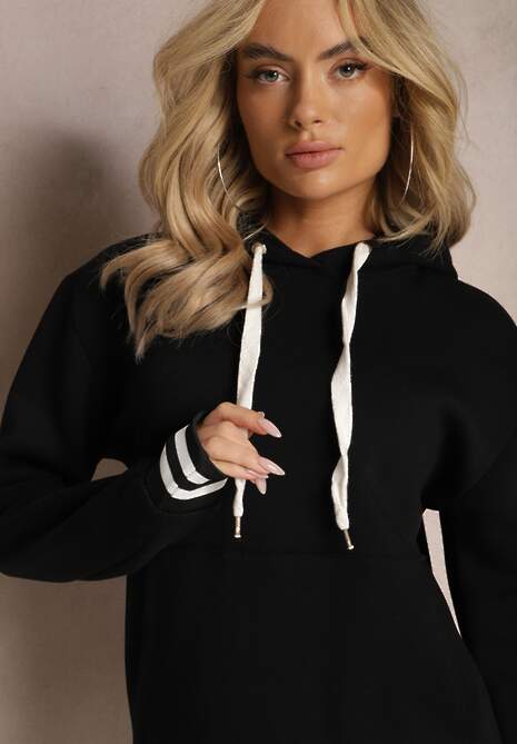 Czarna Bluza Kangurka z Bawełny ze Ściągaczami w Paski i Kapturem Gaiana