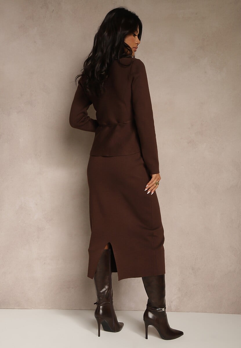 Brązowy Elegancki Komplet Garniturowy z Wiskozą Taliowana Marynarka i Spódnica Zaite