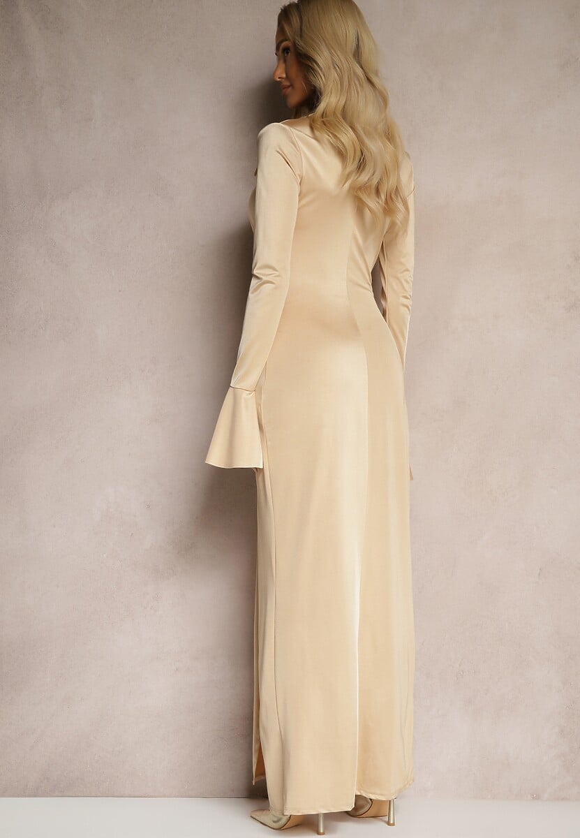 Beżowa Sukienka Koktajlowa z Rozszerzanymi Rękawami i Marszczeniem Semilith