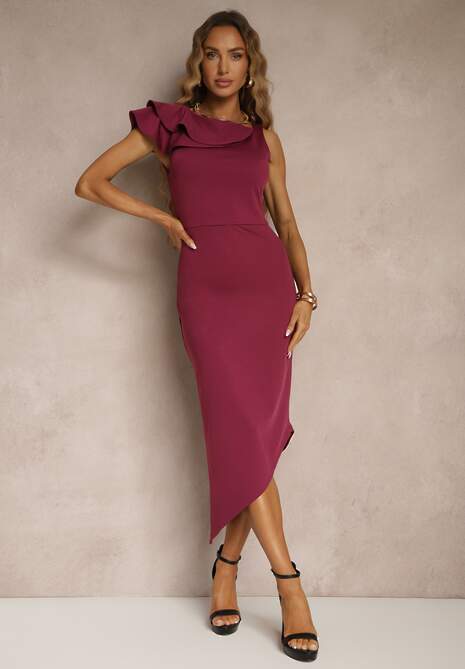 Fioletowa Asymetryczna Sukienka Vices Koktajlowa Ozdobiona Falbanką Zivorin