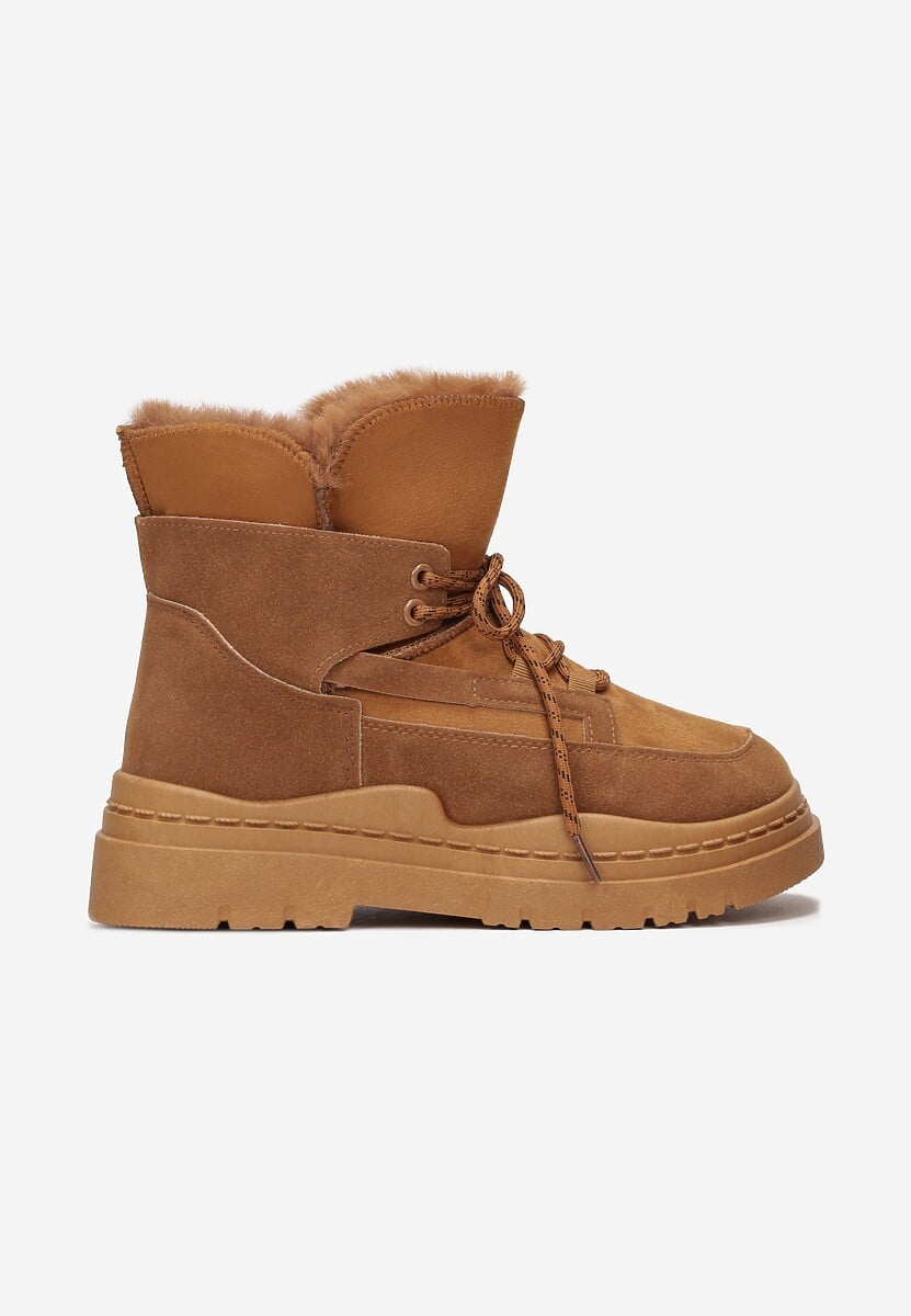 Brązowe Śniegowce na Platformie z Dekoracyjnym Wiązaniem i Futerkiem Cynra