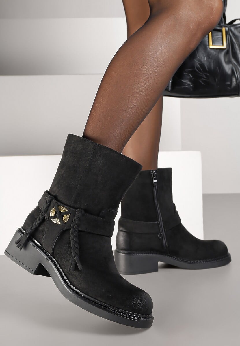 Brązowe Botki Bikery z Guzikiem i Sznurkami Alissarie