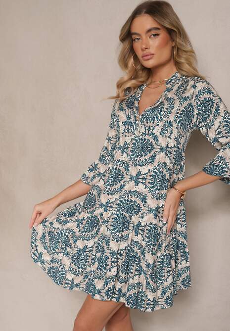 Granatowo-Beżowa Bawełniana Sukienka o Rozkloszowanym Kroju w Ornamentalny Print Laniwea