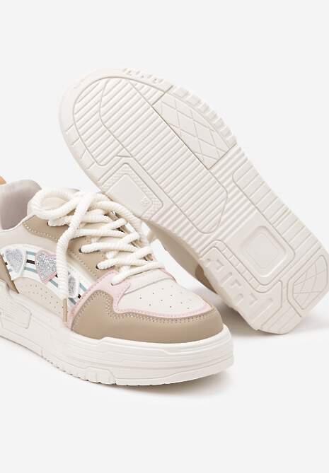 Ciemnobeżowe Sneakersy z Błyszczącymi Serduszkami Iriene